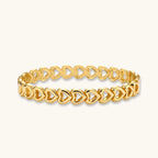 Gold 18K plated stainless steel bangle with continuous open heart links, high-polish finish, on white background.